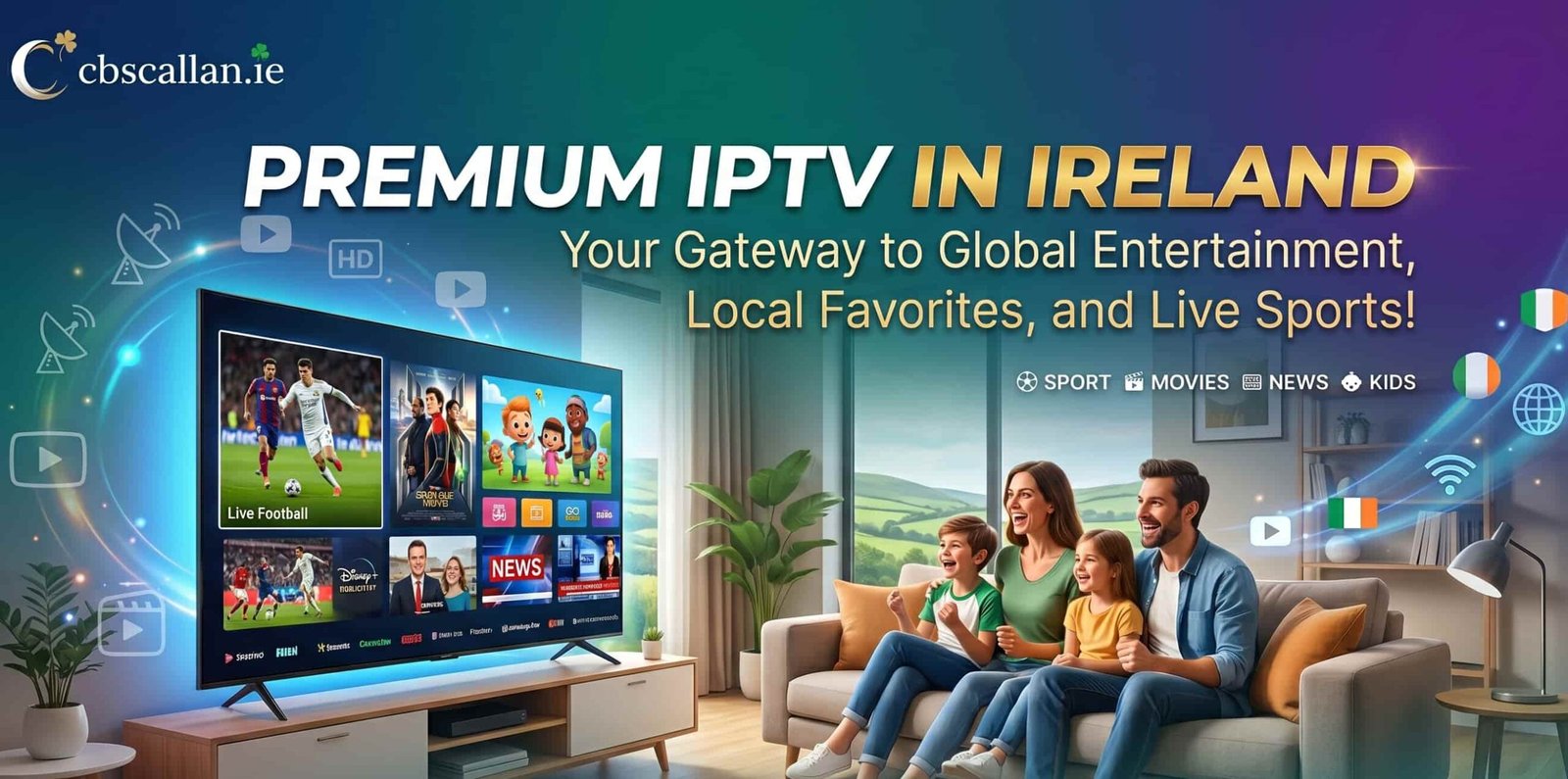 Premium IPTV subscription in Ireland — family streaming live sport, movies, news and kids channels on a Smart TV